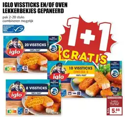 MCD Supermarkt IGLO VISSTICKS EN/OF OVEN LEKKERBEKJES GEPANEERD aanbieding
