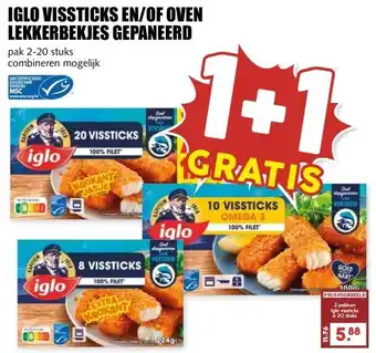 MCD Supermarkt IGLO VISSTICKS EN/OF OVEN LEKKERBEKJES GEPANEERD aanbieding