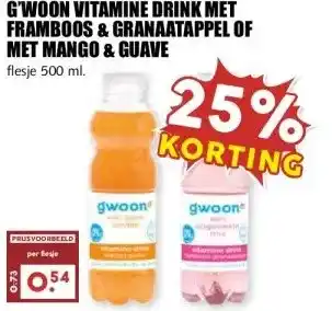 MCD Supermarkt G'WOON VITAMINE DRINK MET FRAMBOOS & GRANAATAPPEL OF MET MANGO & GUAVE aanbieding