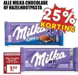 MCD Supermarkt ALLE MILKA CHOCOLADE OF HAZELNOOTPASTA aanbieding