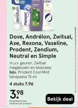 Etos Dove, Andrélon, Zwitsal, Axe, Rexona, Vaseline, Prodent, Zendium, Neutral en Simple aanbieding