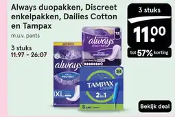 Etos Always duopakken, Discreet enkelpakken, Dailies Cotton en Tampax aanbieding