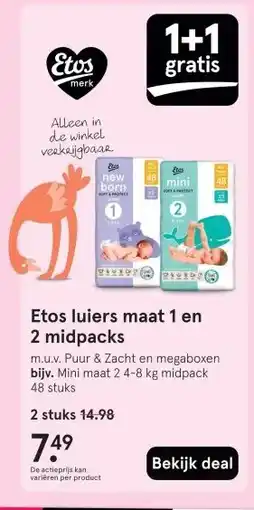 Etos Etos luiers maat 1 en 2 midpacks aanbieding