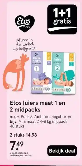 Etos Etos luiers maat 1 en 2 midpacks aanbieding