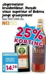 Boon`s Markt Jägermeister kruidenlikeur. Parade vieux superieur of Bokma aanbieding