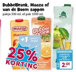Boon`s Markt DubbelDrank, Maaza of van de Boom sappen pakje 330 ml. of pak 1000 ml. aanbieding