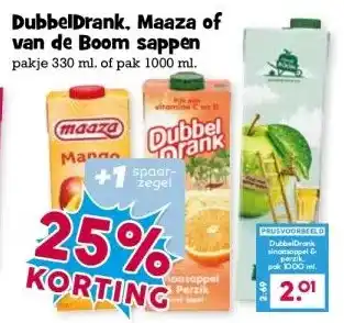 Boon`s Markt DubbelDrank, Maaza of van de Boom sappen pakje 330 ml. of pak 1000 ml. aanbieding
