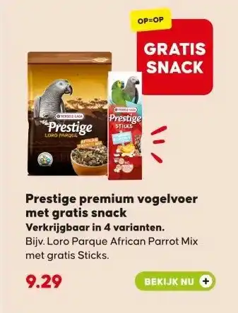 Pets Place Prestige premium vogelvoer met gratis snack aanbieding
