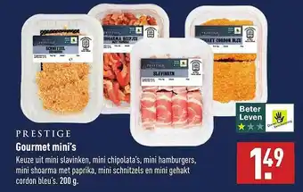 ALDI Prestige Gourmet Mini's : Mini Slavinken, Mini Chipolata's, Mini Hamburgers, Mini Shoarma Met Paprika, Mini Schnitzels En Min aanbieding