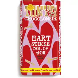 Jumbo Tony's Chocolonely Melk Roos Framboos 180 g aanbieding