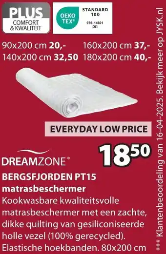 Jysk DREAMZONE BERGSFJORDEN PT15 matrasbeschermer aanbieding