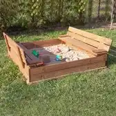 Bol.com Springos Zandbak - 120 x 120 x 20 cm - Met deksel en banken - Geïmpregneerd op waterbasis aanbieding
