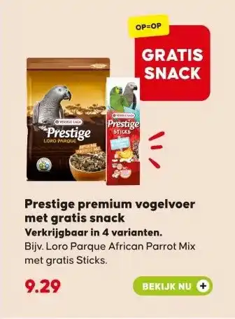 Pets Place Prestige premium vogelvoer met gratis snack aanbieding