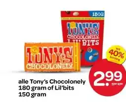 Spar alle Tony's Chocolonely 180 gram of Lil'bits 150 gram aanbieding