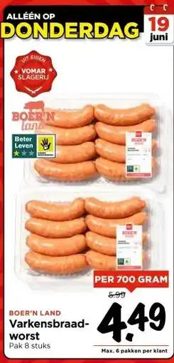 Vomar Voordeelmarkt BOER'N LAND Varkensbraadworst aanbieding