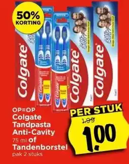 Vomar Voordeelmarkt Colgate Tandpasta Anti-Cavity 75 ml of Tandenborstel pak 2 stuks aanbieding