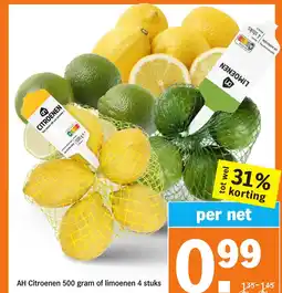 Albert Heijn AH Citroenen 500 gram of limoenen 4 stuks aanbieding