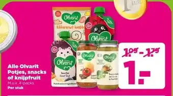 PLUS Alle Olvarit Potjes, snacks of knijpfruit aanbieding