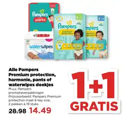 PLUS Alle Pampers Premium protection, harmonie, pants of waterwipes doekjes aanbieding