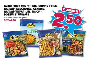 Boon`s Markt Aviko Friet Van 't Huis, Skinny Fries, Aardappelschotel, Gekruid, Aardappelpartjes En-of Dobbelsteentjes 750gram aanbieding