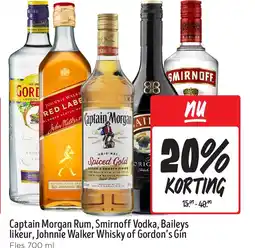 Jumbo Captain Morgan Rum, Smirnoff Vodka, Baileys likeur, Johnnie Walker Whisky of Gordon's Gín aanbieding