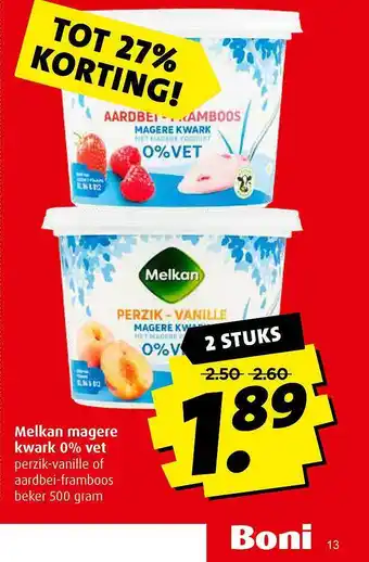 Boni Melkan Magere Kwark 0% Vet Tot 27% Korting 500gram aanbieding