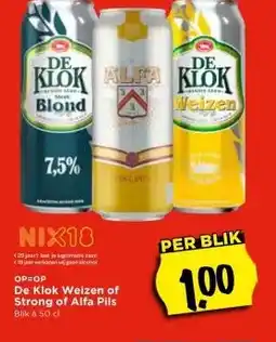 Vomar Voordeelmarkt De Klok Weizen of Strong of Alfa Pils Blik à 50 cl aanbieding