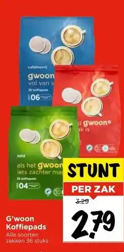 Vomar Voordeelmarkt G'woon Koffiepads Alle soorten zakken 36 stuks aanbieding