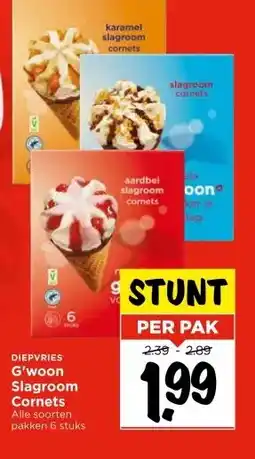 Vomar Voordeelmarkt G'woon Slagroom Cornets Alle soorten pakken 6 stuks aanbieding