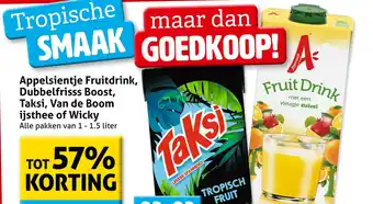 Hoogvliet Appelsientje Fruitdrink, Dubbelfrisss Boost, Taksi, Van de Boom ijsthee of Wicky aanbieding