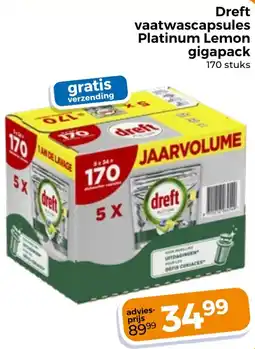 Trekpleister Dreft vaatwascapsules Platinum Lemon gigapack aanbieding