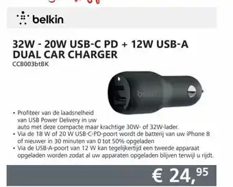 Informatique Belkin 32W - 20W usb-c pd + 12W usb-a dual car charger CCB003btBK aanbieding