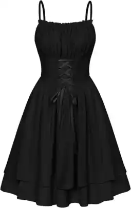 Amazon SCARLET DARKNESS Vrouwen Zomer Spaghetti Victoriaanse Jurk Lace-up Gesmokte Tiered Knielengte Jurk aanbieding