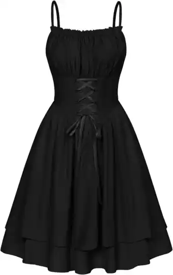 Amazon SCARLET DARKNESS Vrouwen Zomer Spaghetti Victoriaanse Jurk Lace-up Gesmokte Tiered Knielengte Jurk aanbieding