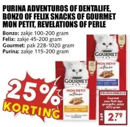 MCD Supermarkt PURINA ADVENTUROS OF DENTALIFE, BONZO OF FELIX SNACKS OF GOURMET MON PETIT, REVELATIONS OF PERLE aanbieding
