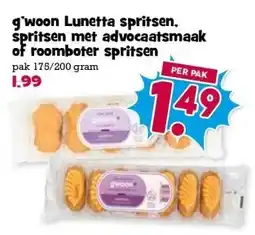 Boon`s Markt g'woon Lunetta spritsen. spritsen met advocaatsmaak of roomboter spritsen pak 175/200 gram aanbieding