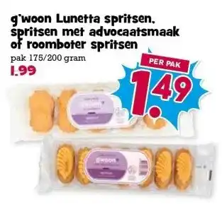 Boon`s Markt g'woon Lunetta spritsen. spritsen met advocaatsmaak of roomboter spritsen pak 175/200 gram aanbieding