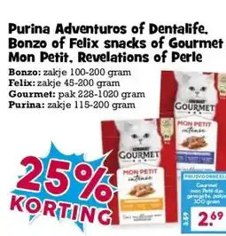 Boon`s Markt Purina Adventuros of Dentalife. Bonzo of Felix snacks of Gourmet Mon Petit, Revelations of Perle aanbieding