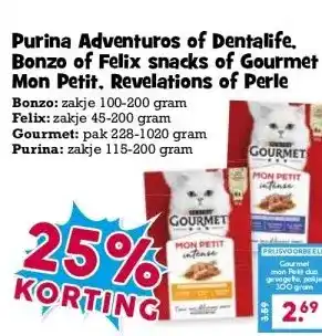 Boon`s Markt Purina Adventuros of Dentalife. Bonzo of Felix snacks of Gourmet Mon Petit, Revelations of Perle aanbieding