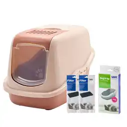 Zooplus Savic Kattenbak Nestor - Startset: toilet champagne roze/ toscane rood + 2 filters + 12 zakken aanbieding