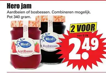 Dirk Hero Jam Aardbeien Of Bosbessen 340g aanbieding