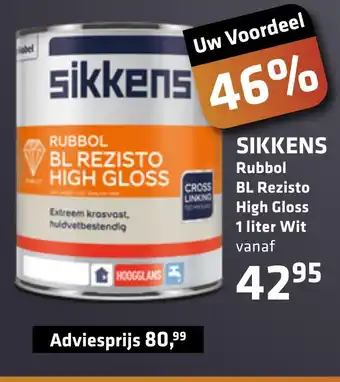 De voordeelmarkt Sikkens Rubbol BL Rezisto High Gloss 1 liter Wit aanbieding