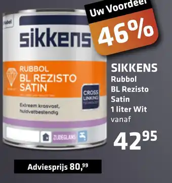 De voordeelmarkt SIKKENS Rubbol BL Rezisto Satin 1 liter Wit aanbieding