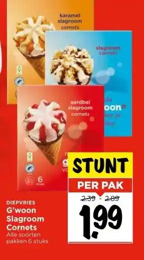 Vomar Voordeelmarkt G'woon Slagroom Cornets Alle soorten pakken 6 stuks aanbieding