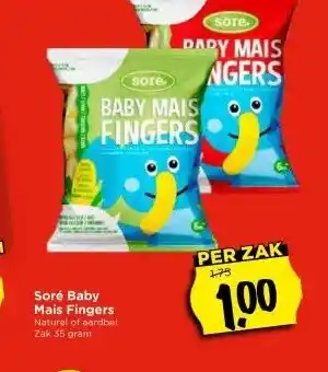 Vomar Voordeelmarkt Soré Baby Mais Fingers Naturel of aardbei Zak 35 gram aanbieding
