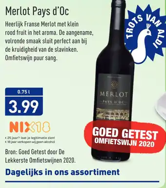 ALDI Merlot Pays d'Oc 0,75liter aanbieding