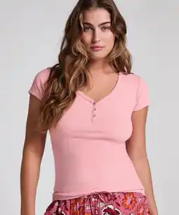 Hunkemoller Hunkemöller Pyjamatop met korte mouwen Henley Roze aanbieding