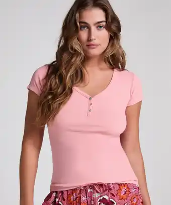 Hunkemoller Hunkemöller Pyjamatop met korte mouwen Henley Roze aanbieding