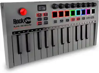 Amazon RockJam Go 25 Key USB & Bluetooth MIDI Keyboard Controller met 8 Backlit Drum Pads, 8 Knobs aanbieding