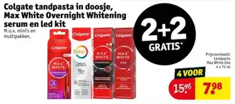 Kruidvat Colgate tandpasta in doosje, Max White Overnight Whitening serum en led kit aanbieding